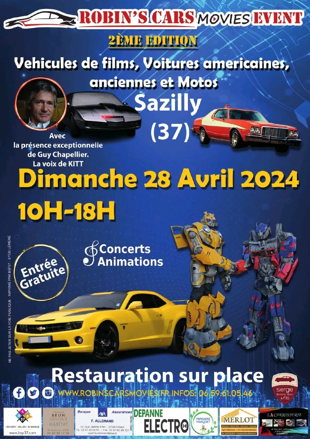 Affiche de Robin's Cars Movies Event, le 28 avril 2024 à Sazilly, avec Guy Chapellier, voix de KITT